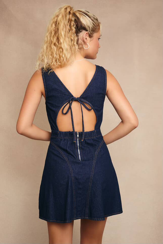 Boat Neck Backless Denim Mini