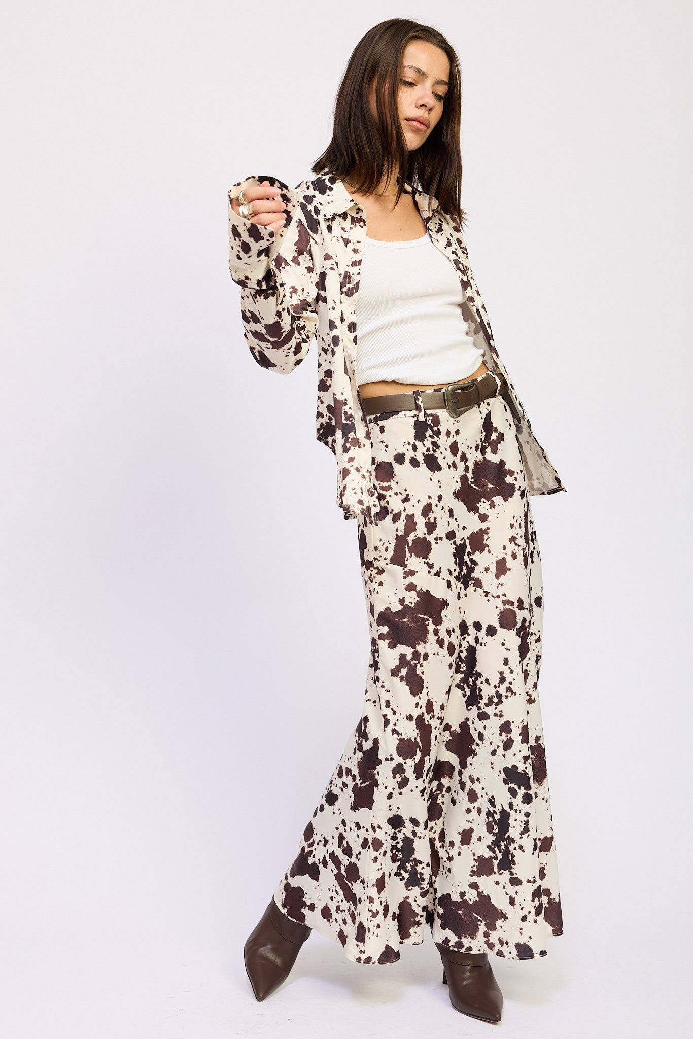 Cow Print Maxi Skirt With Belt
