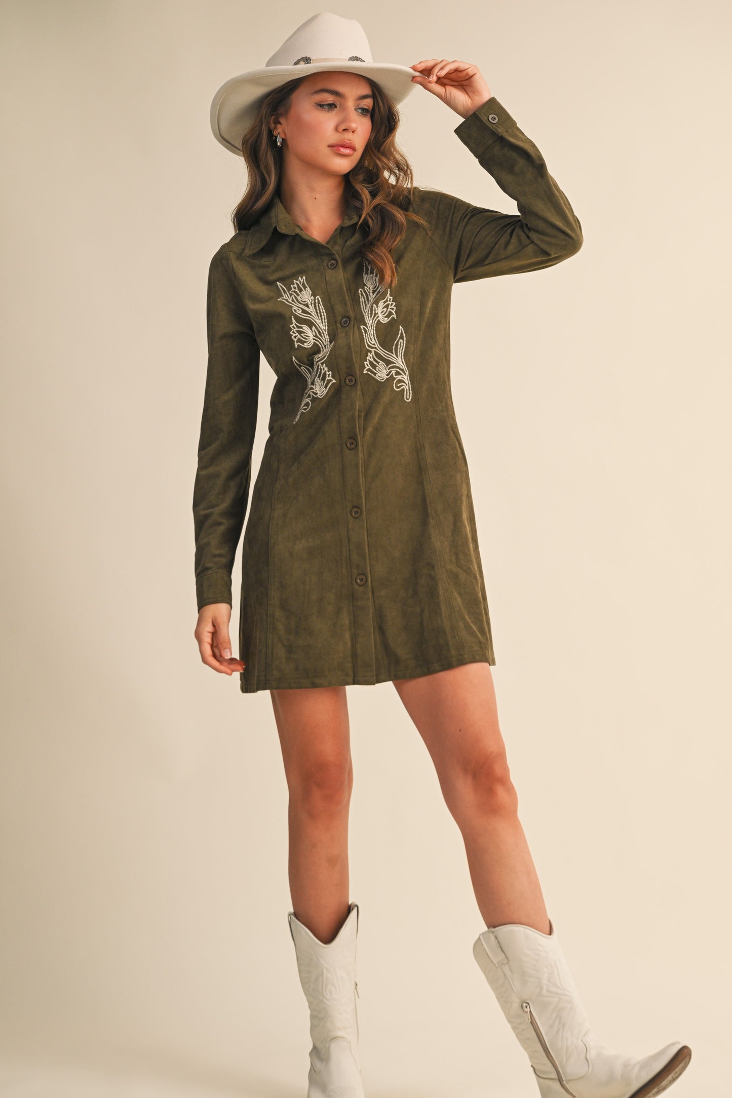 Embroidered Western Faux Suede Dress