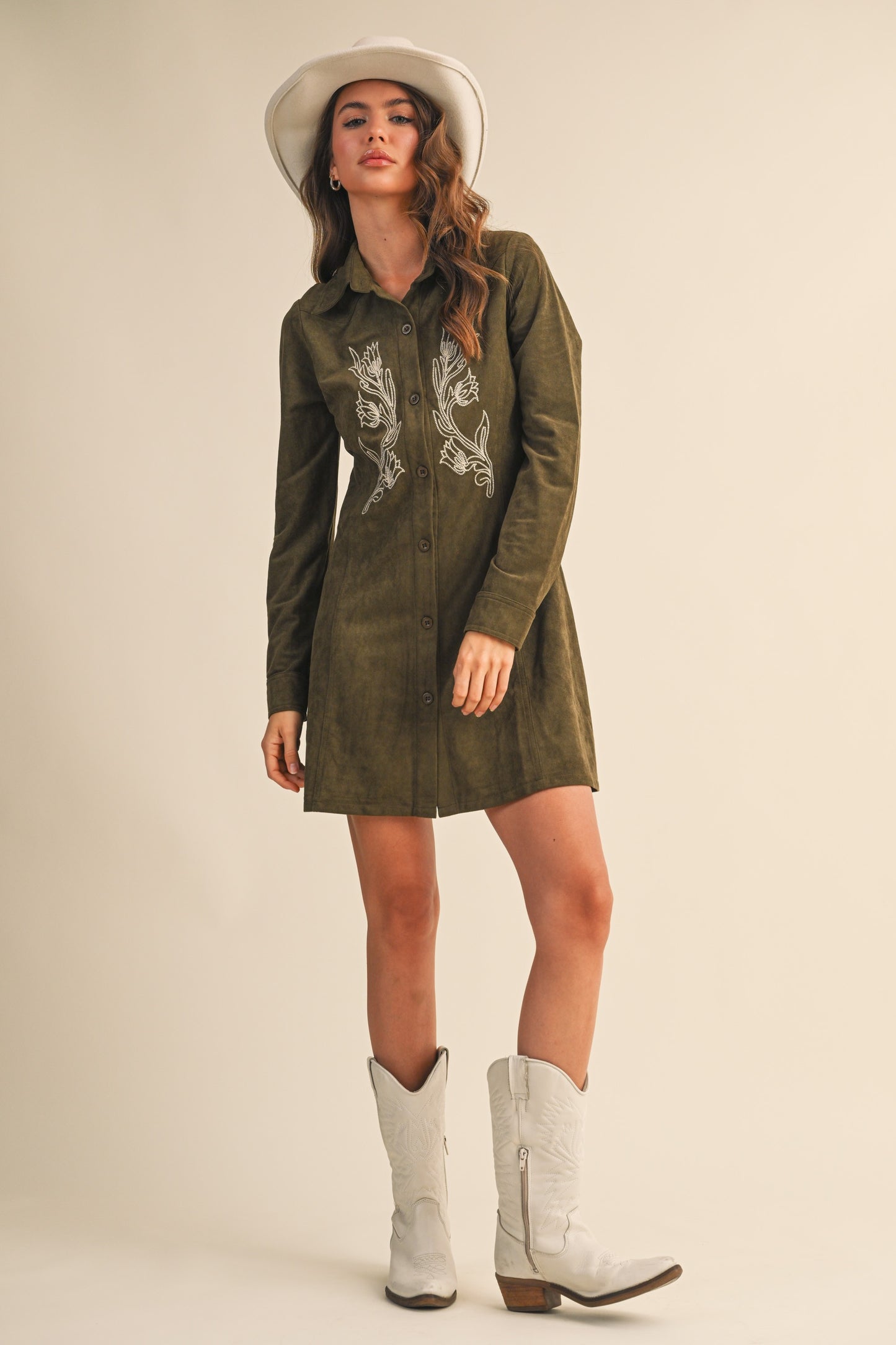 Embroidered Western Faux Suede Dress