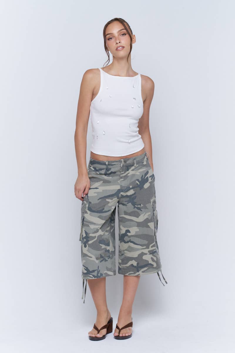 Washed Camo Wide Leg Cargo Culotte Pants
