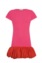 Pink fitted mini dress with short sleeves and a voluminous red satin bubble hem for women's clothing.