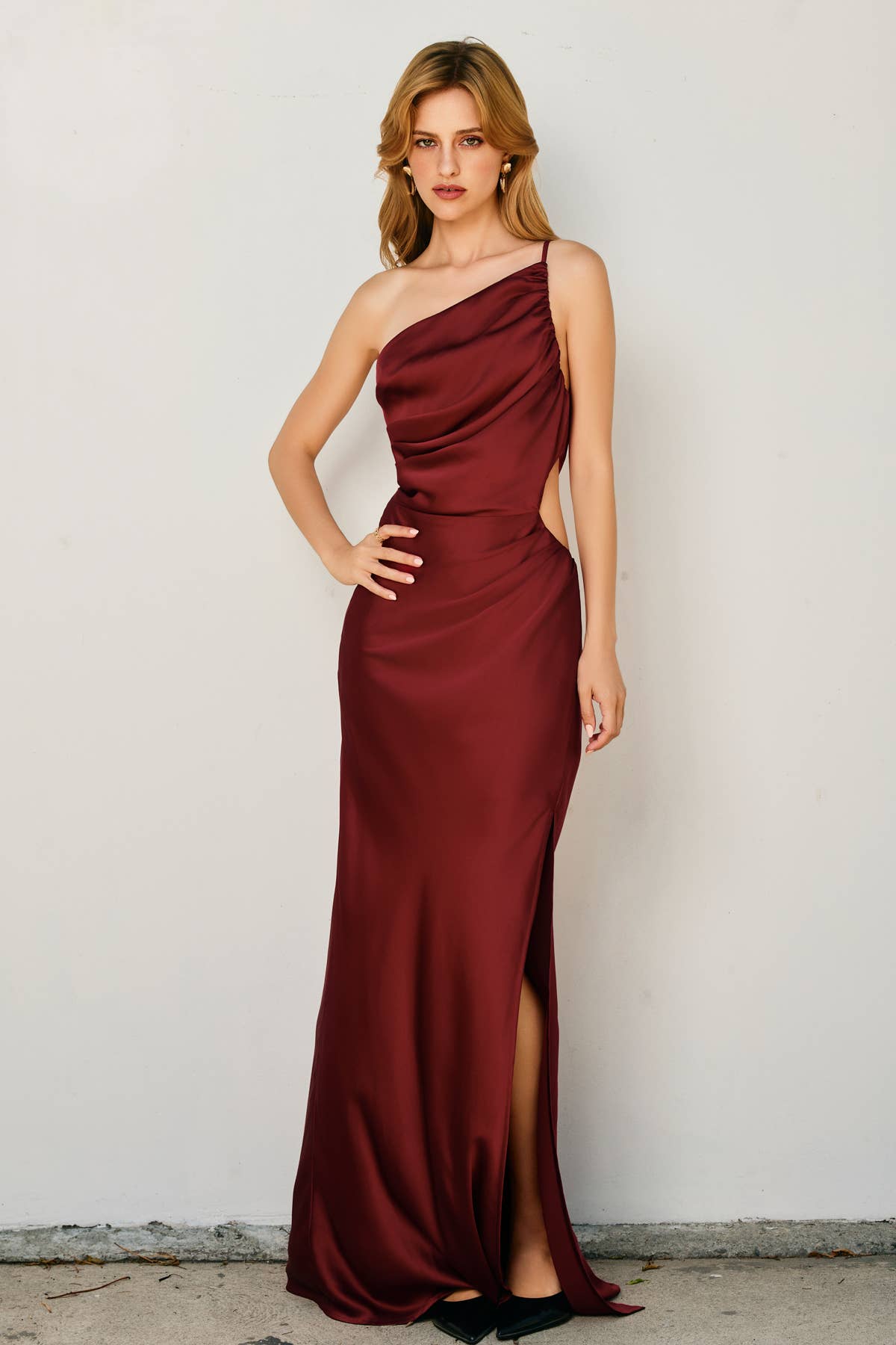Satin One Shoulder Ruched Maxi Dress