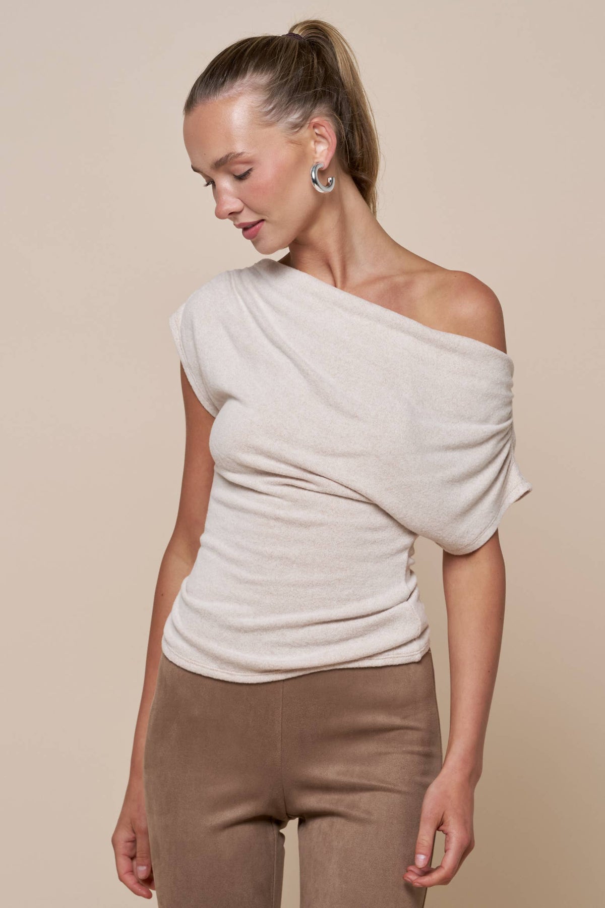 Gathered Asymmetrical Off Shoulder Top