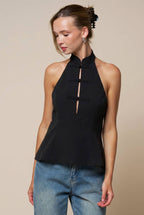 Mandarin Collar Clasp Button Up Halter Top