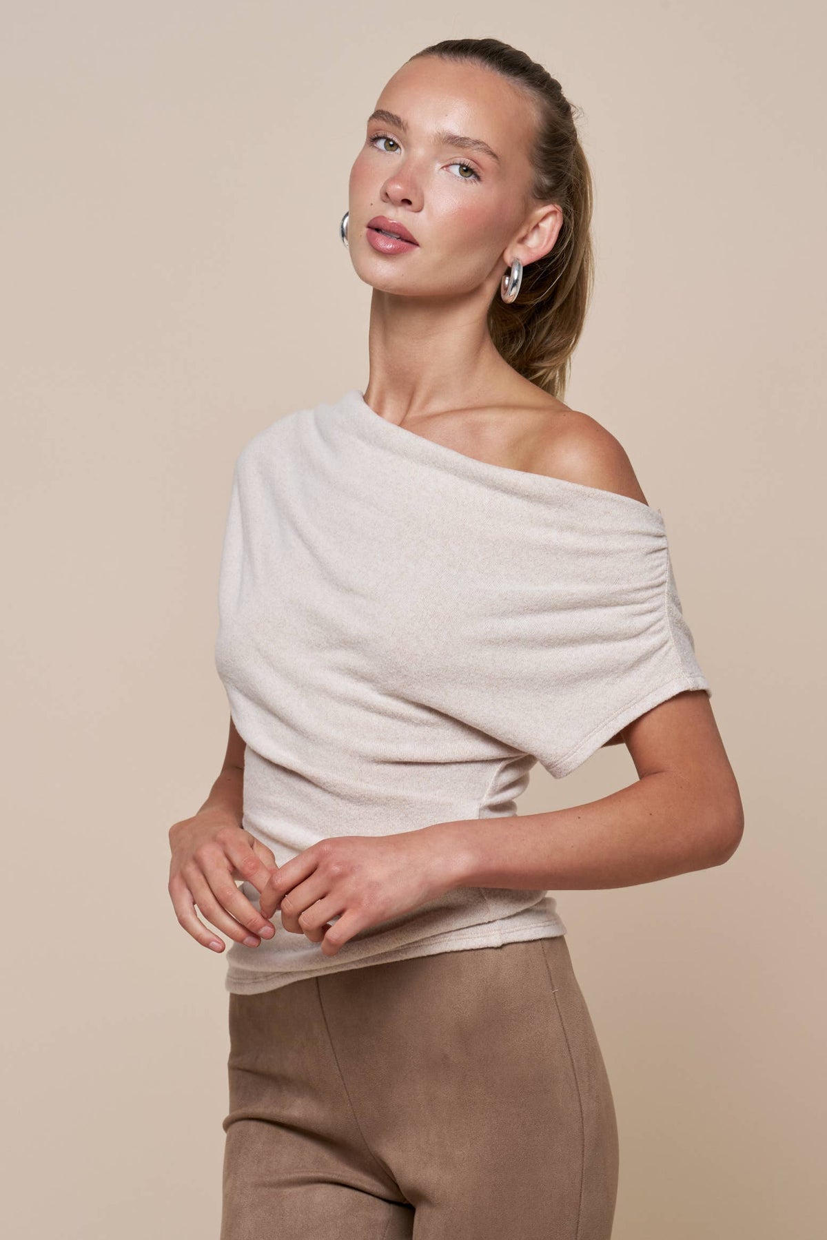 Gathered Asymmetrical Off Shoulder Top