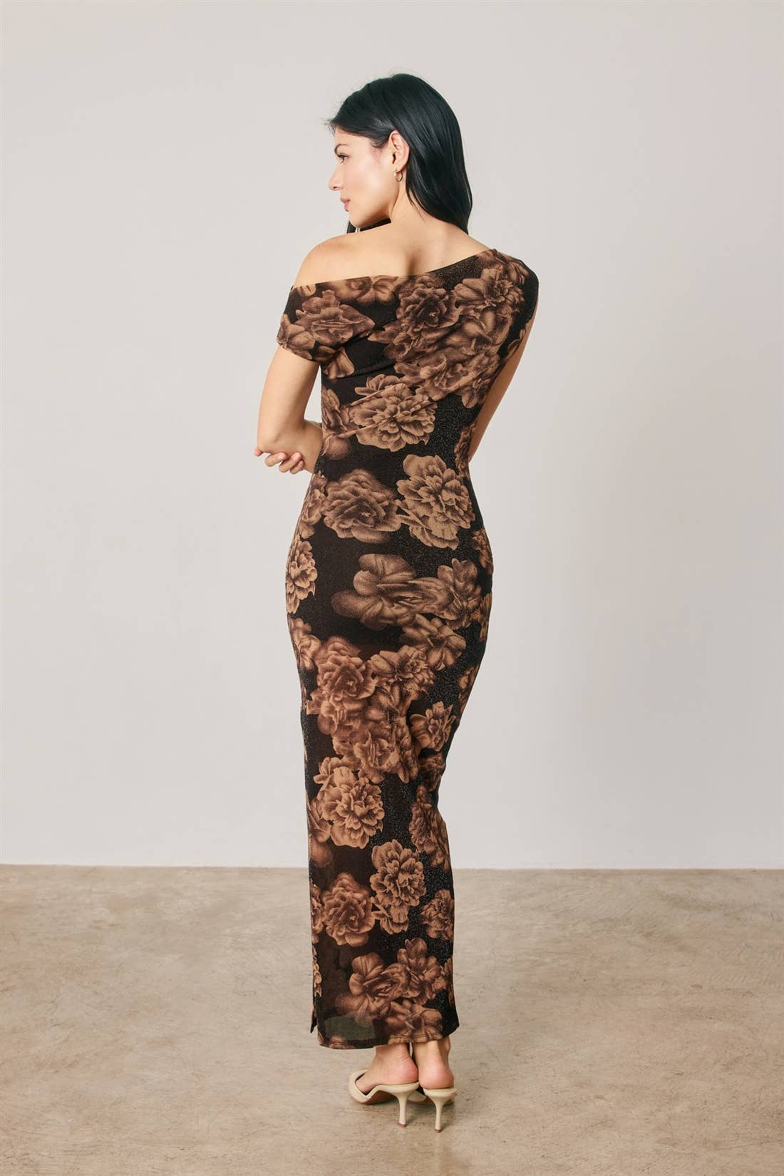 Metallic Floral One Shoulder Maxi Dress