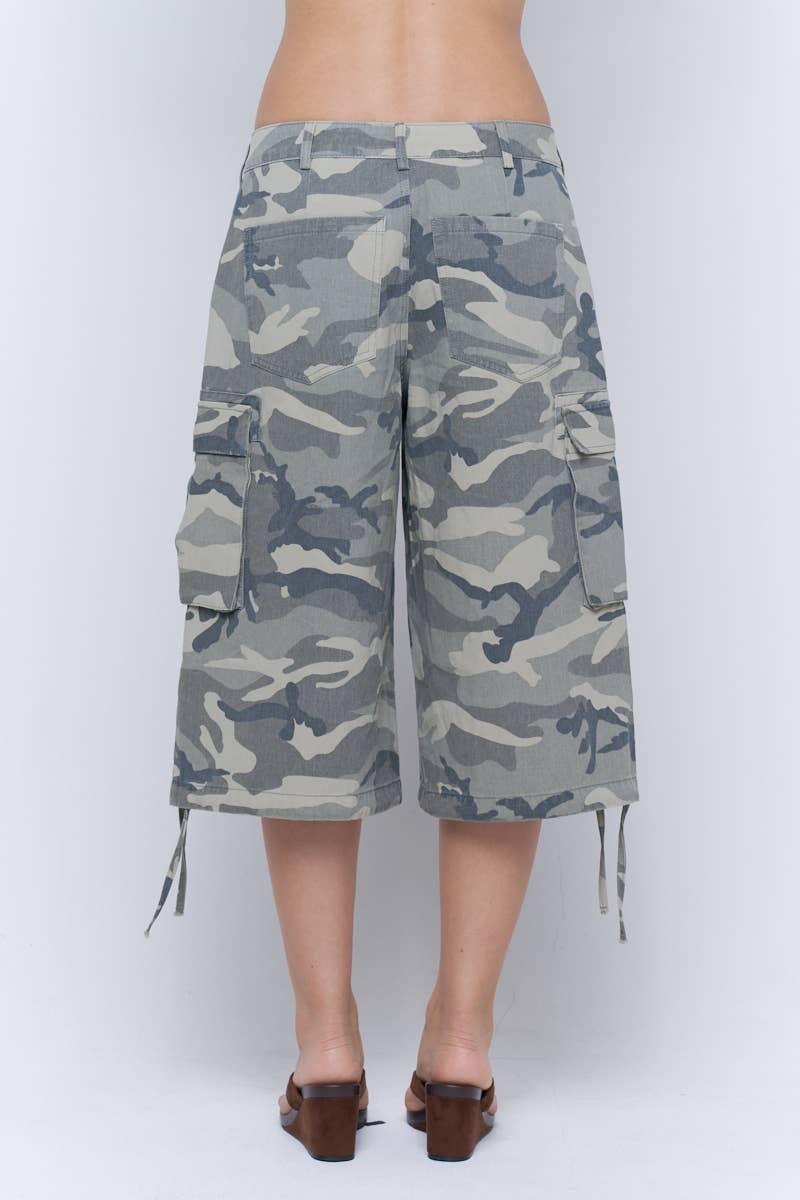 Washed Camo Wide Leg Cargo Culotte Pants