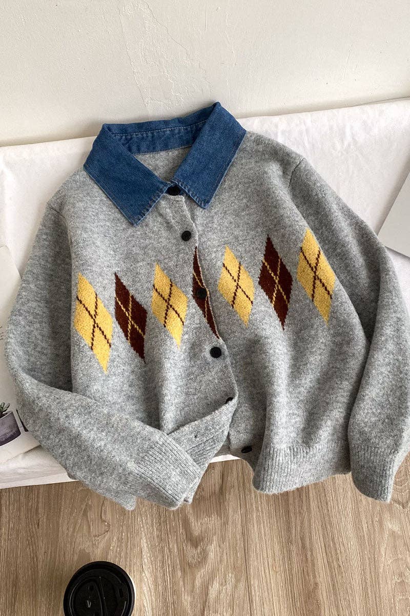 Argyle Knit Denim Cardigan