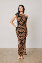 Metallic Floral One Shoulder Maxi Dress