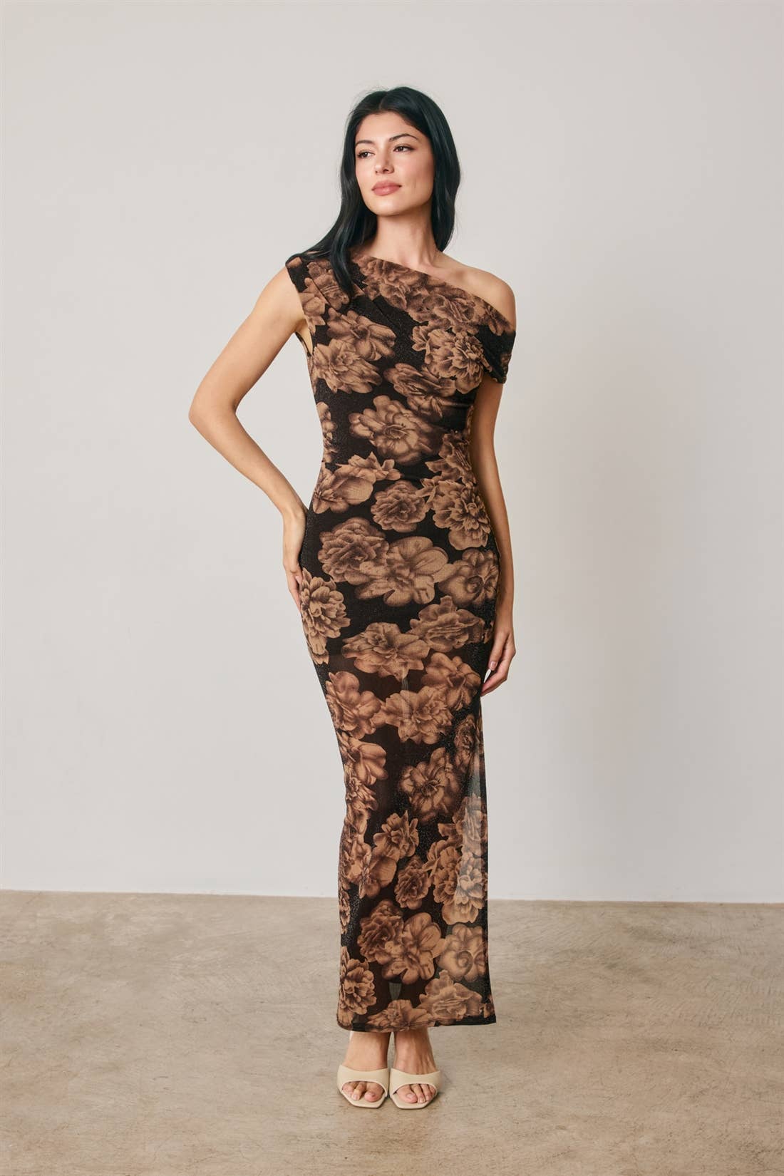 Metallic Floral One Shoulder Maxi Dress