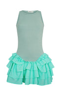 Sleeveless light blue dress for women with a ribbed bodice and layered ruffled mini skirt design