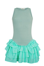 Sleeveless light blue dress for women with a ribbed bodice and layered ruffled mini skirt design
