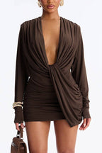 Ruched Deep V-Neck Long Sleeve Mini Dress