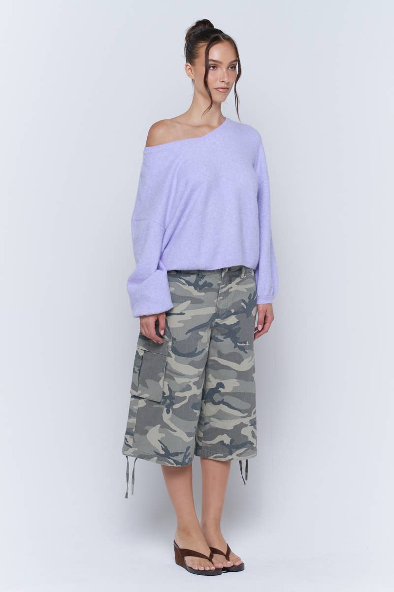 Washed Camo Wide Leg Cargo Culotte Pants
