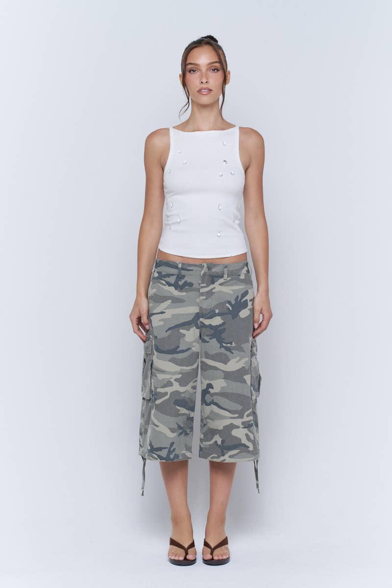Washed Camo Wide Leg Cargo Culotte Pants