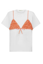 White women's t-shirt with an orange bikini-style top design printed on the front.