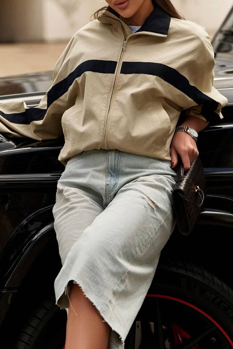 Colorblock Stand Collar Zip-Up Jacket
