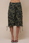 Camo oversized cargo shorts with side pockets and adjustable drawstring hems