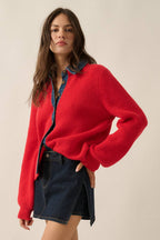 Ribbed Knit and Denim Button-Front Collared Cardigan