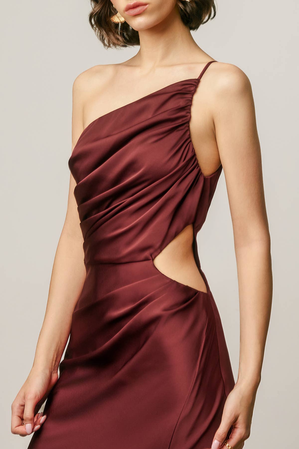 Satin One Shoulder Ruched Maxi Dress