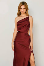Satin One Shoulder Ruched Maxi Dress