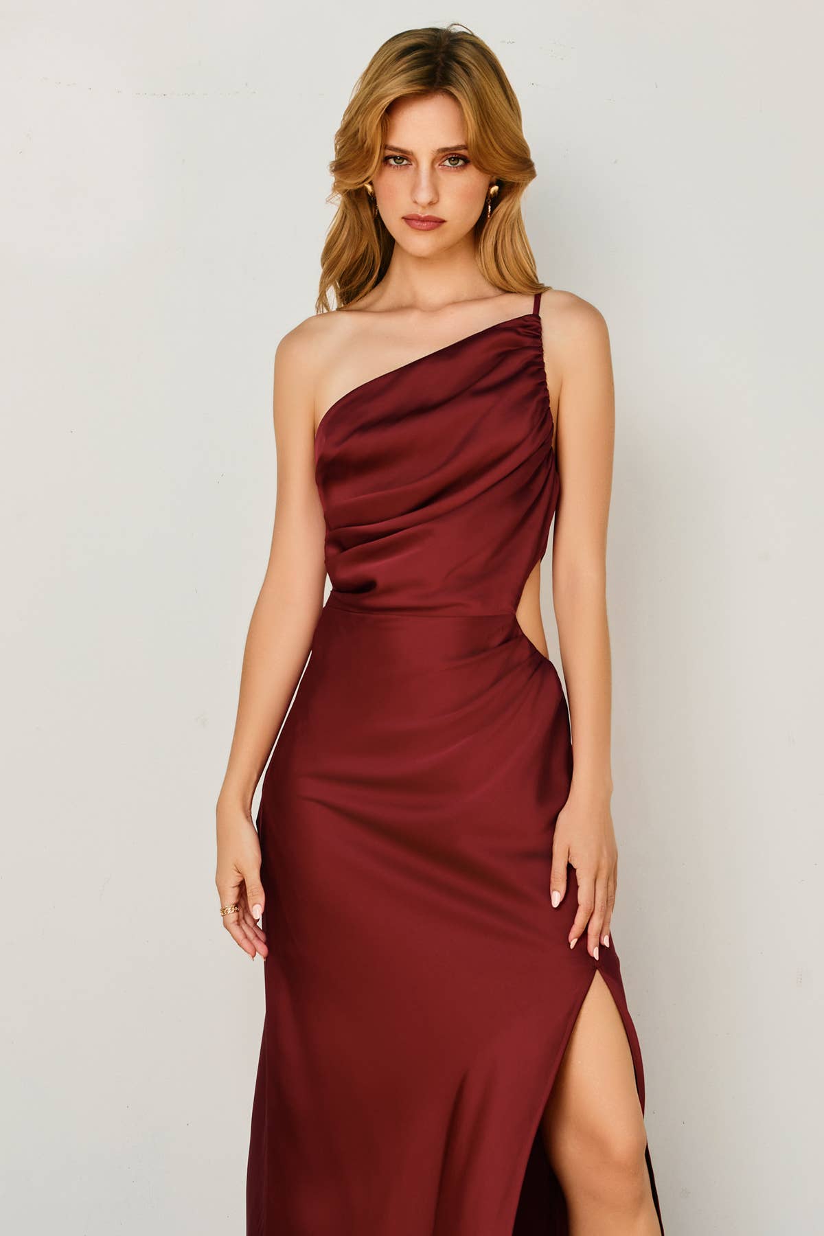 Satin One Shoulder Ruched Maxi Dress