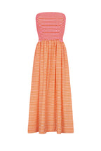 Strapless women's midi dress with smocked top and orange gingham check skirt, made from lightweight cotton fabric.
