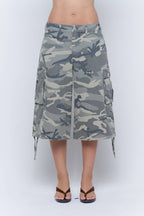 Washed Camo Wide Leg Cargo Culotte Pants