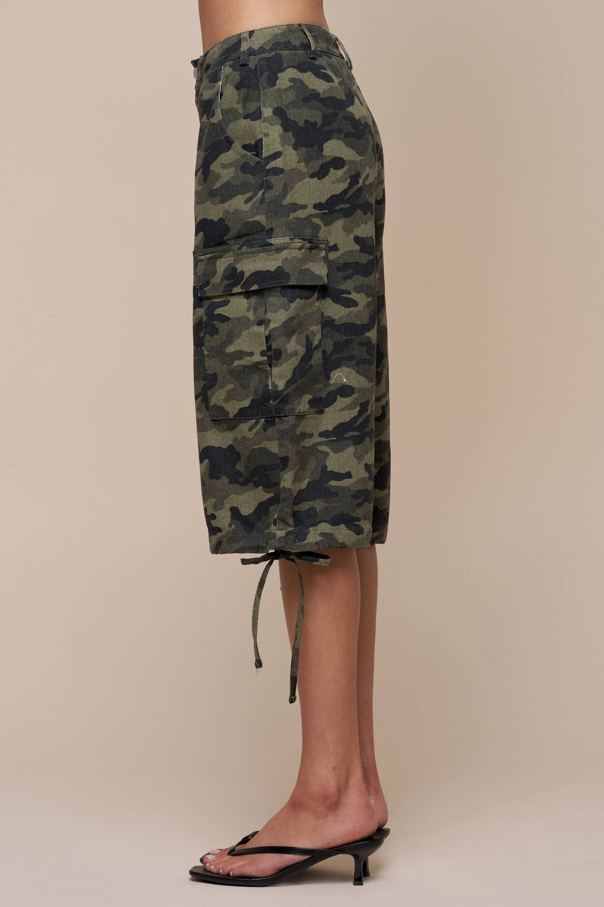 Womens camouflage cargo shorts with side pockets and adjustable drawstring hem