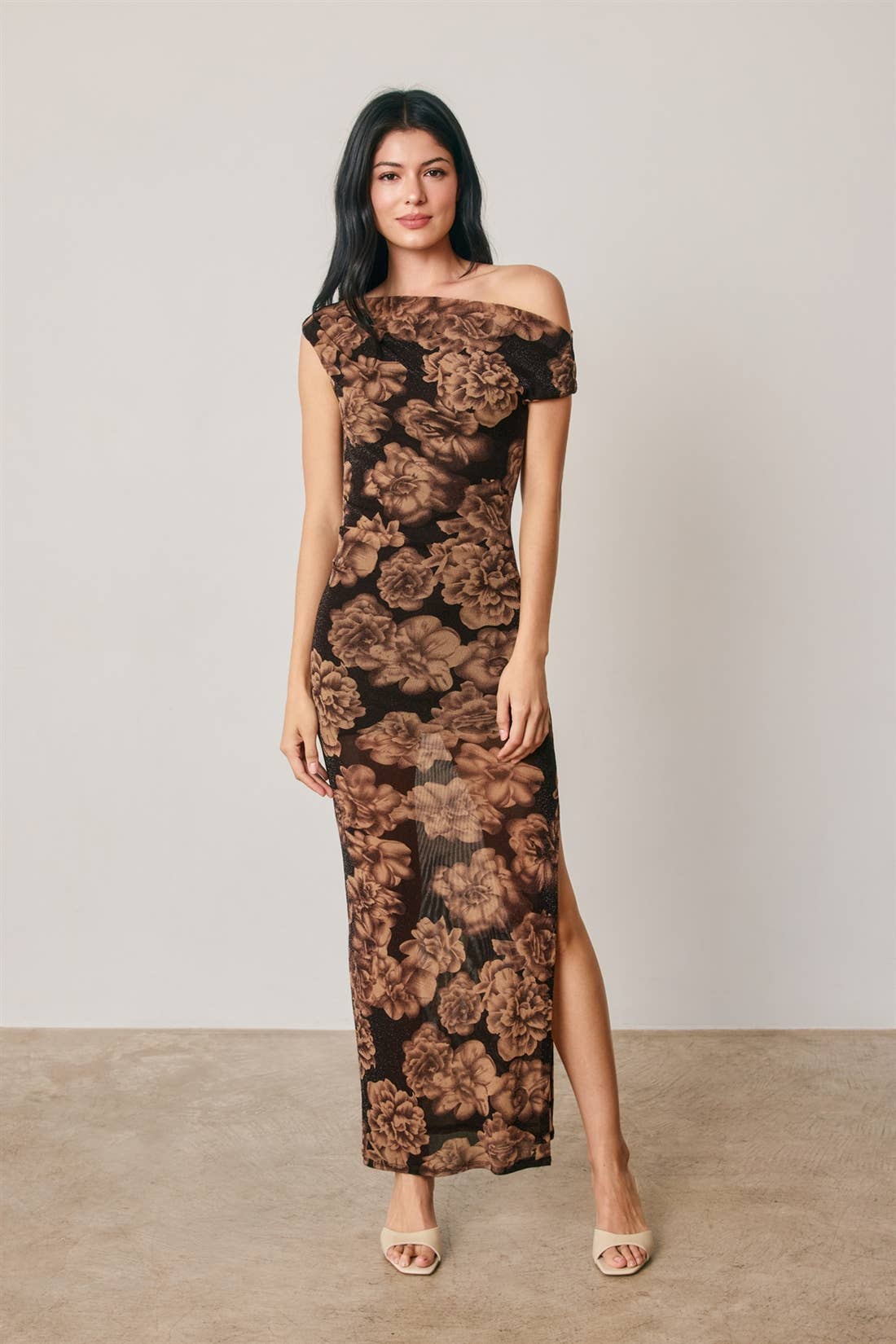 Metallic Floral One Shoulder Maxi Dress