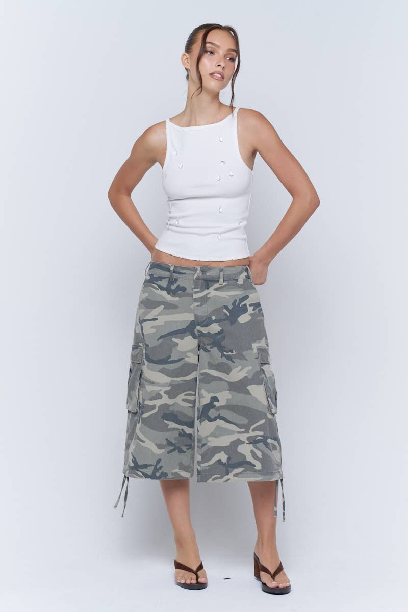Washed Camo Wide Leg Cargo Culotte Pants