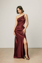 Satin One Shoulder Ruched Maxi Dress