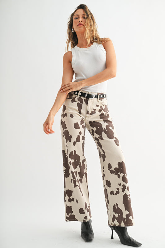 Cow Print Wide Leg Denim