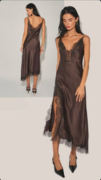 Woman wearing a brown satin midi dress with lace trim, adjustable straps, v-neck, and high slit paired with black heels.