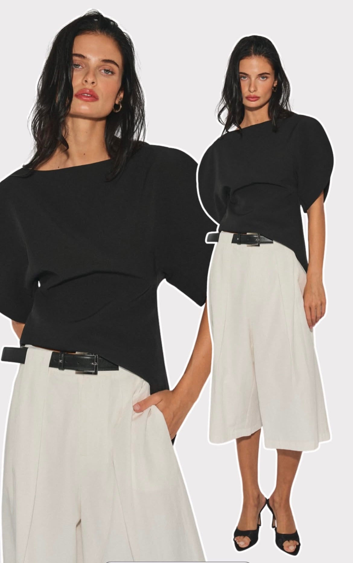 Woman wearing pleated beige Bermuda shorts with pockets and black top, styled for women's clothing fashion.
