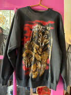 Black sweatshirt with wolf graphic and "HOPELESS ROMANTIC" text, designed for women's clothing fashion.