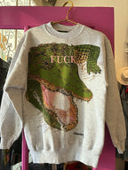 Vintage women's gray sweatshirt with large green alligator graphic and embroidered bold text on front