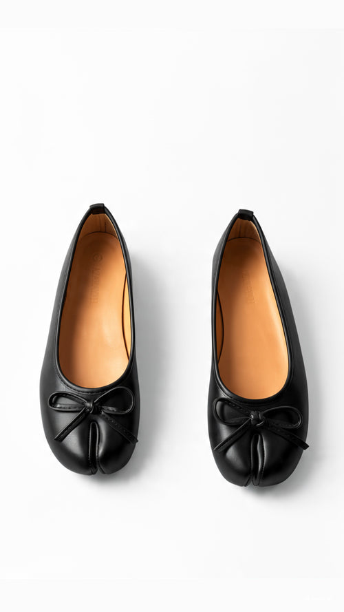 Black vegan ballet flats with bow details and split toes