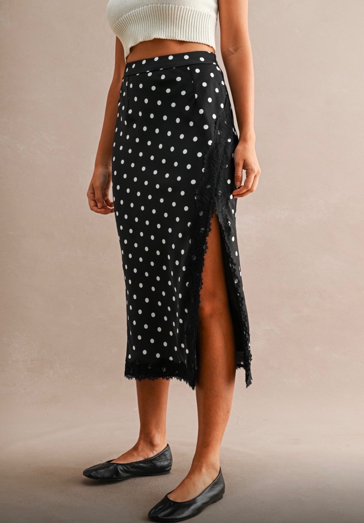 High Slit Lace Polkaots Skirt