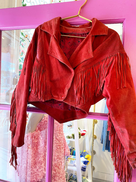 80s Red Leather Fringe Crop Jacket