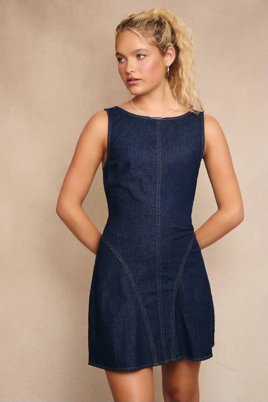 Boat Neck Backless Denim Mini