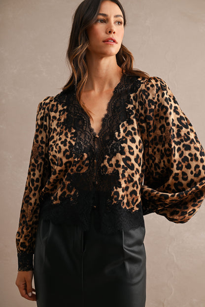 Leopard Lace Trim Blouse