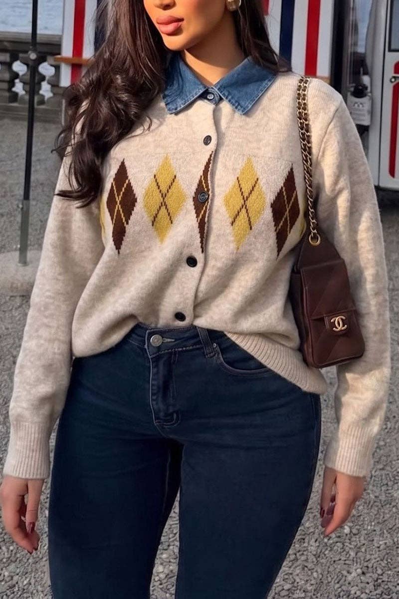 Argyle Knit Denim Cardigan