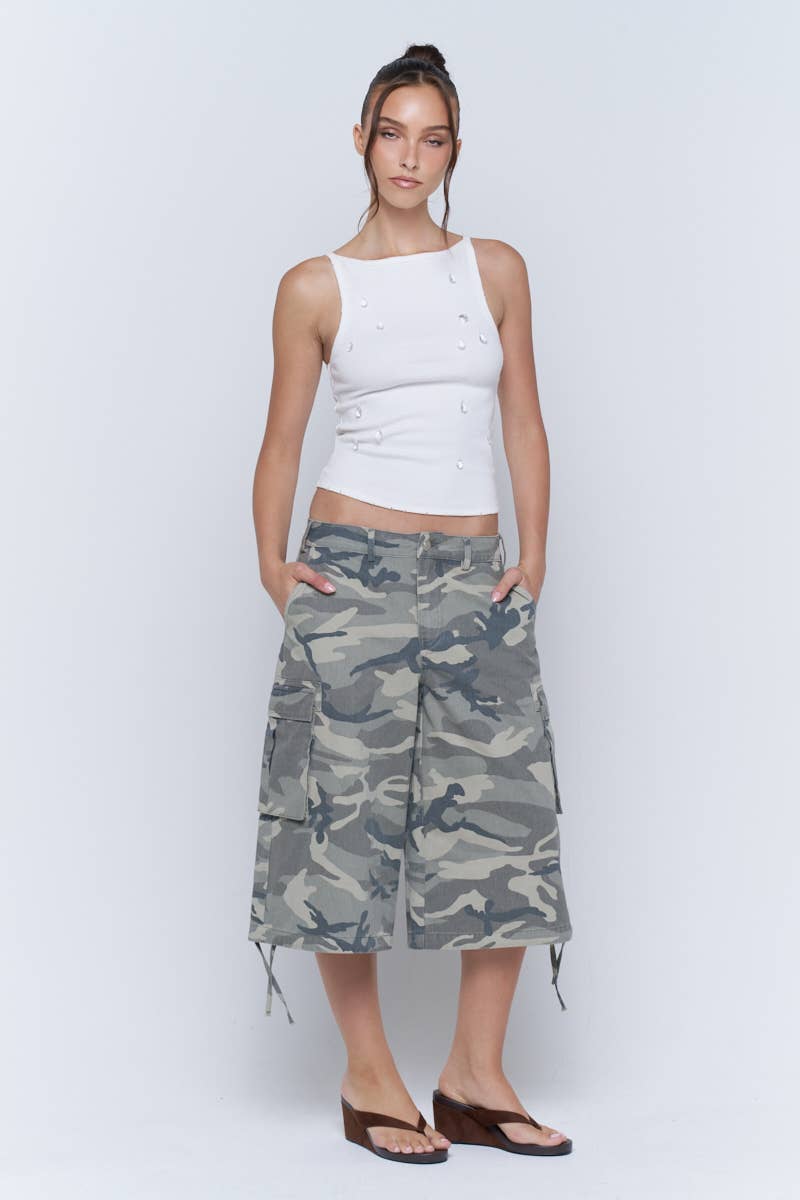 Washed Camo Wide Leg Cargo Culotte Pants