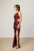 Satin One Shoulder Ruched Maxi Dress