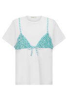 White women's T-shirt with a playful blue patterned bikini top design on the front for summer style.