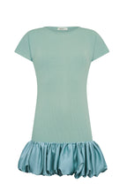 Woman's mini dress with fitted ribbed bodice and voluminous satin bubble hem in soft pastel blue color