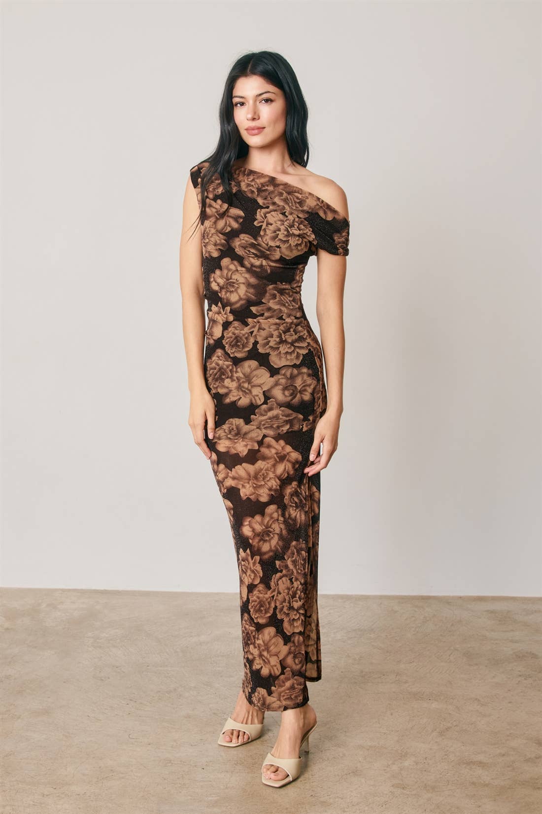 Metallic Floral One Shoulder Maxi Dress