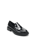 Black glossy loafer with a round toe and flat sole